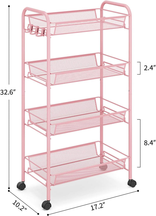 4 Tier Rolling Utility Cart - Durable Metal Design Pink Utility Cart, Storage Trolley on Wheels with 3 Hooks, Perfect for Kitchen, Bathroom & Laundry Room Organization