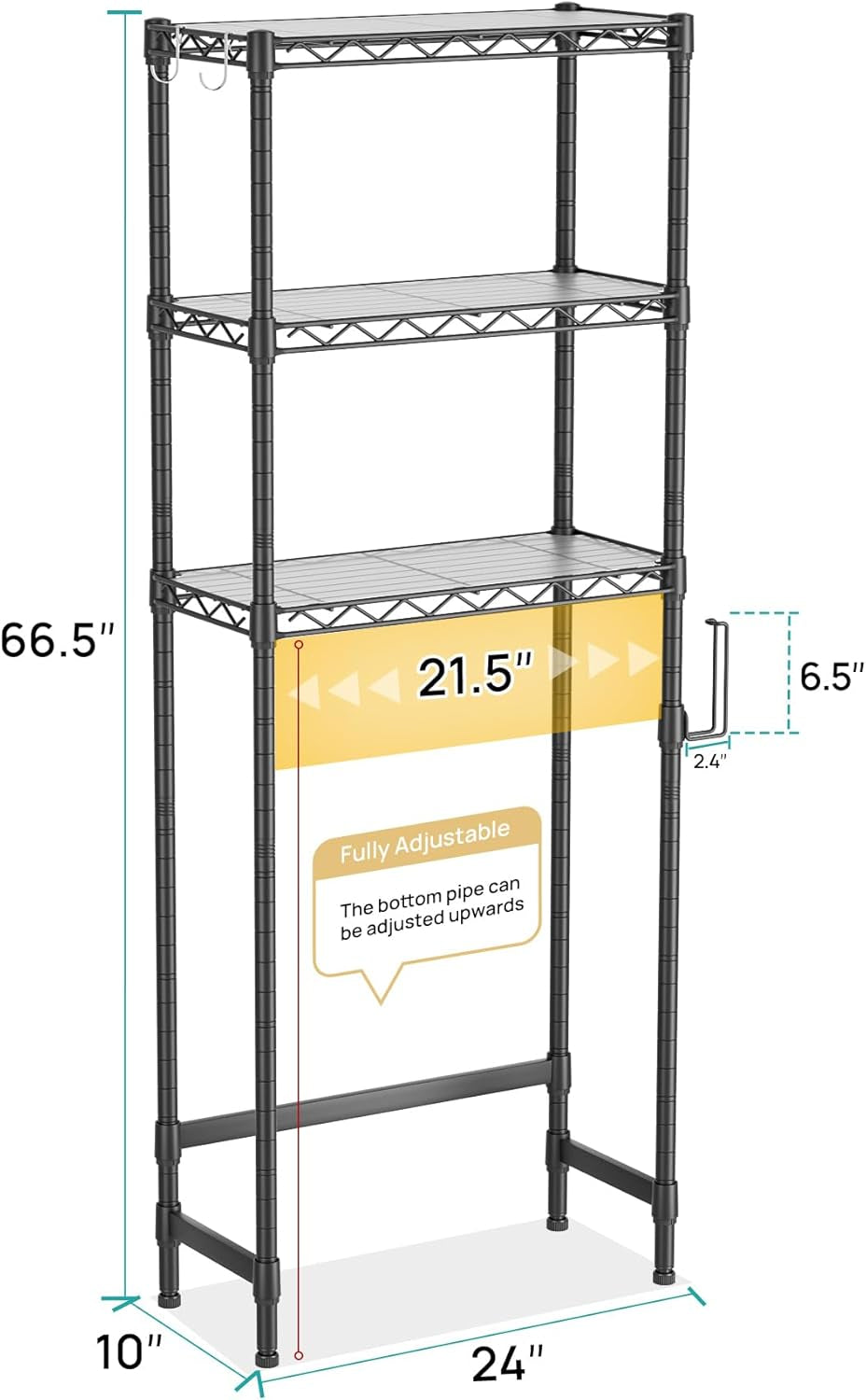 Over the Toilet Storage Shelf：3-Tier Bathroom Organizer and Storage Shelf with Adjustable Shelf and Basket Freestanding Space Saver above Toilet for Room Black