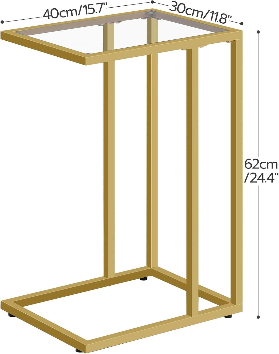 C Shaped End Table, Tempered Glass Snack Side Table with Metal Frame, TV Tray Table for Small Space, Sofa Couch and Bed, Modern Style, Gold GD03SF01G1