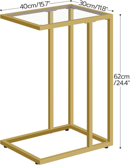 C Shaped End Table, Tempered Glass Snack Side Table with Metal Frame, TV Tray Table for Small Space, Sofa Couch and Bed, Modern Style, Gold GD03SF01G1