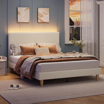 Queen Bed Frame with Adjustable Headboard, LED Lighting, Vertical Channel Tufted Corduroy Upholstered, Solid Wooden Slats Support, No Box Spring Needed, Never Squeaks, Easy Assembly, Beige