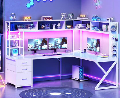 Corner Computer Desk, Convertible 94.5" Gaming Desk with Storage Drawers, Hutch and Pegboard, L Shaped Office Desk with Power Outlet, LED Lights for Home Office, White