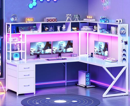 Corner Computer Desk, Convertible 94.5" Gaming Desk with Storage Drawers, Hutch and Pegboard, L Shaped Office Desk with Power Outlet, LED Lights for Home Office, White