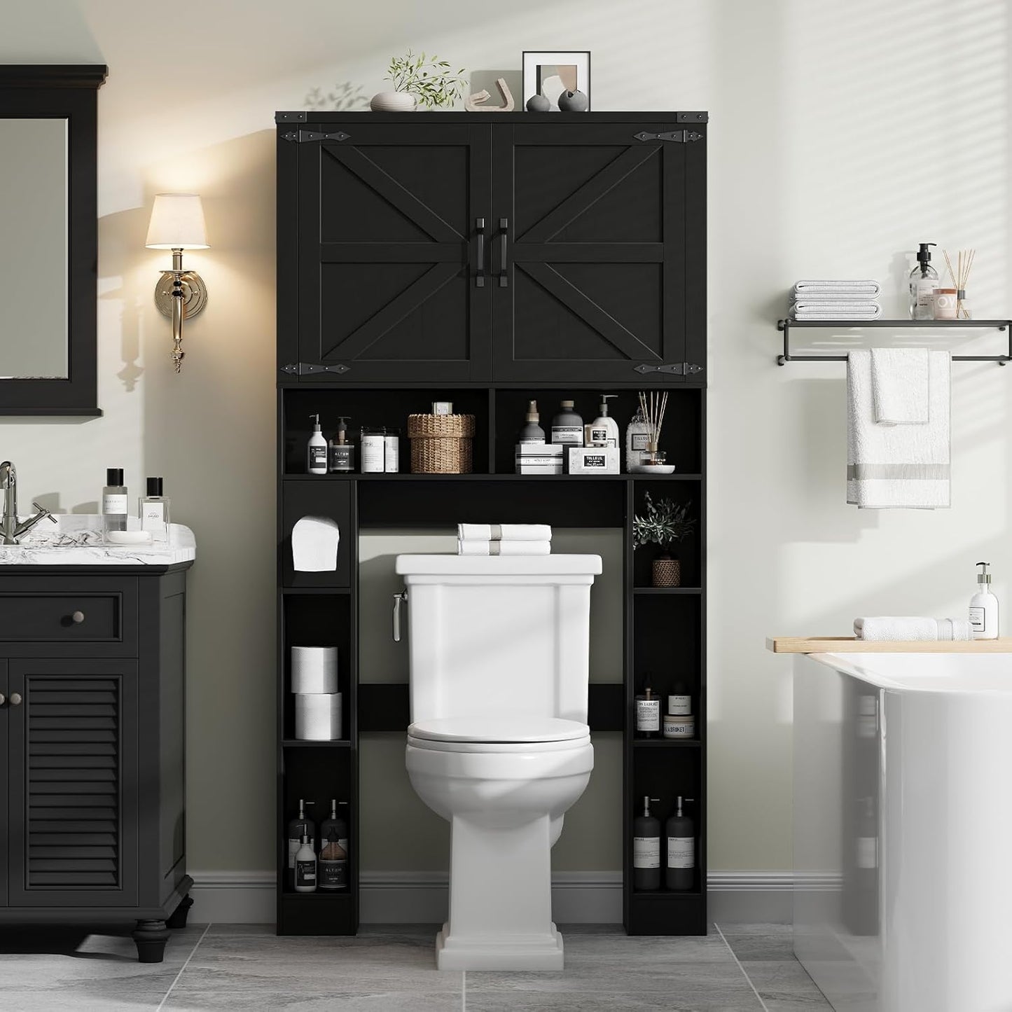 Over the Toilet Storage Cabinet, Farmhouse Storage Cabinet over Toilet with 2 Barn Doors ，Toilet Paper Holder Stand，Home Space-Saving Toilet Rack, for Laundry, Restroom, Bathroom.Black