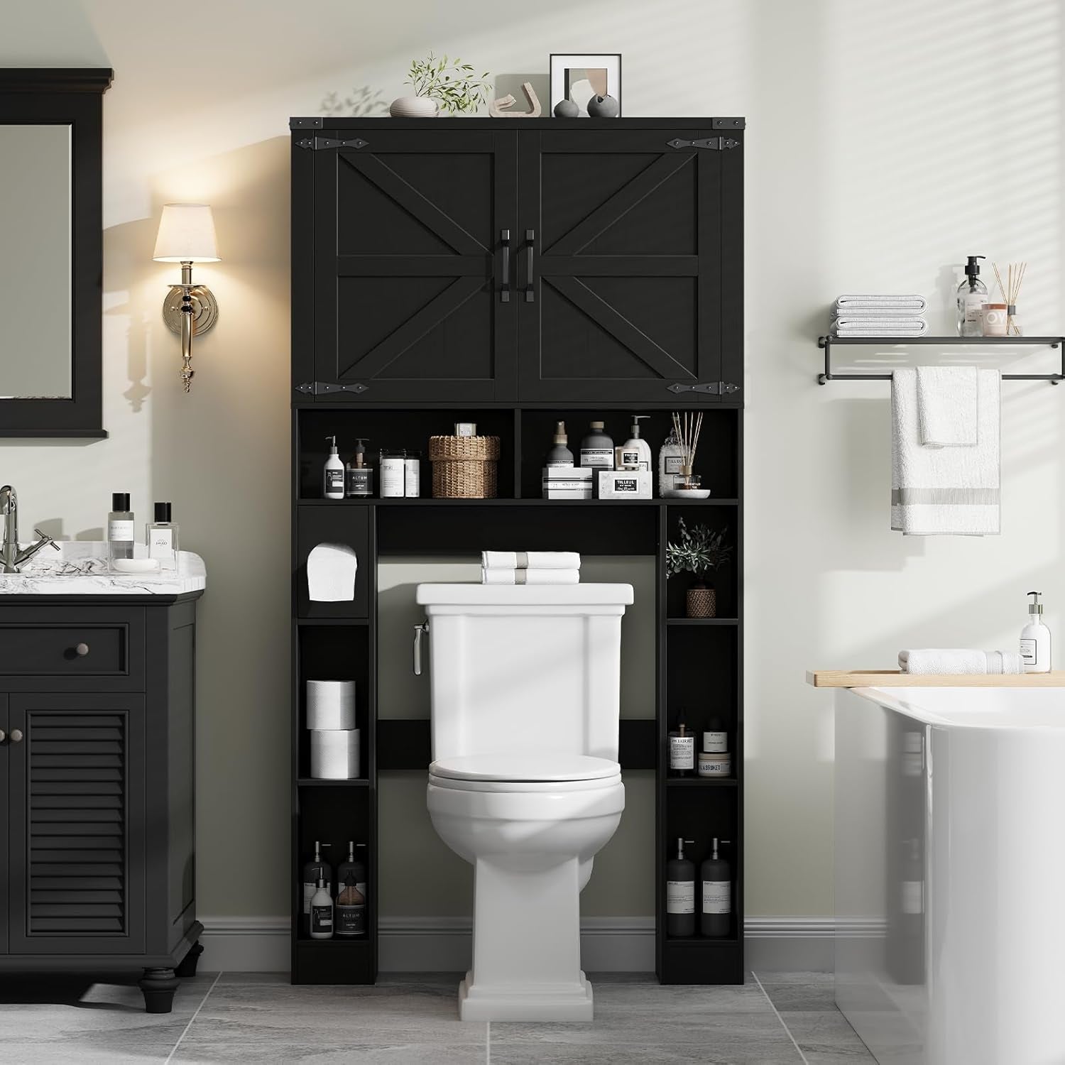 Over the Toilet Storage Cabinet, Farmhouse Storage Cabinet over Toilet with 2 Barn Doors ，Toilet Paper Holder Stand，Home Space-Saving Toilet Rack, for Laundry, Restroom, Bathroom.Black