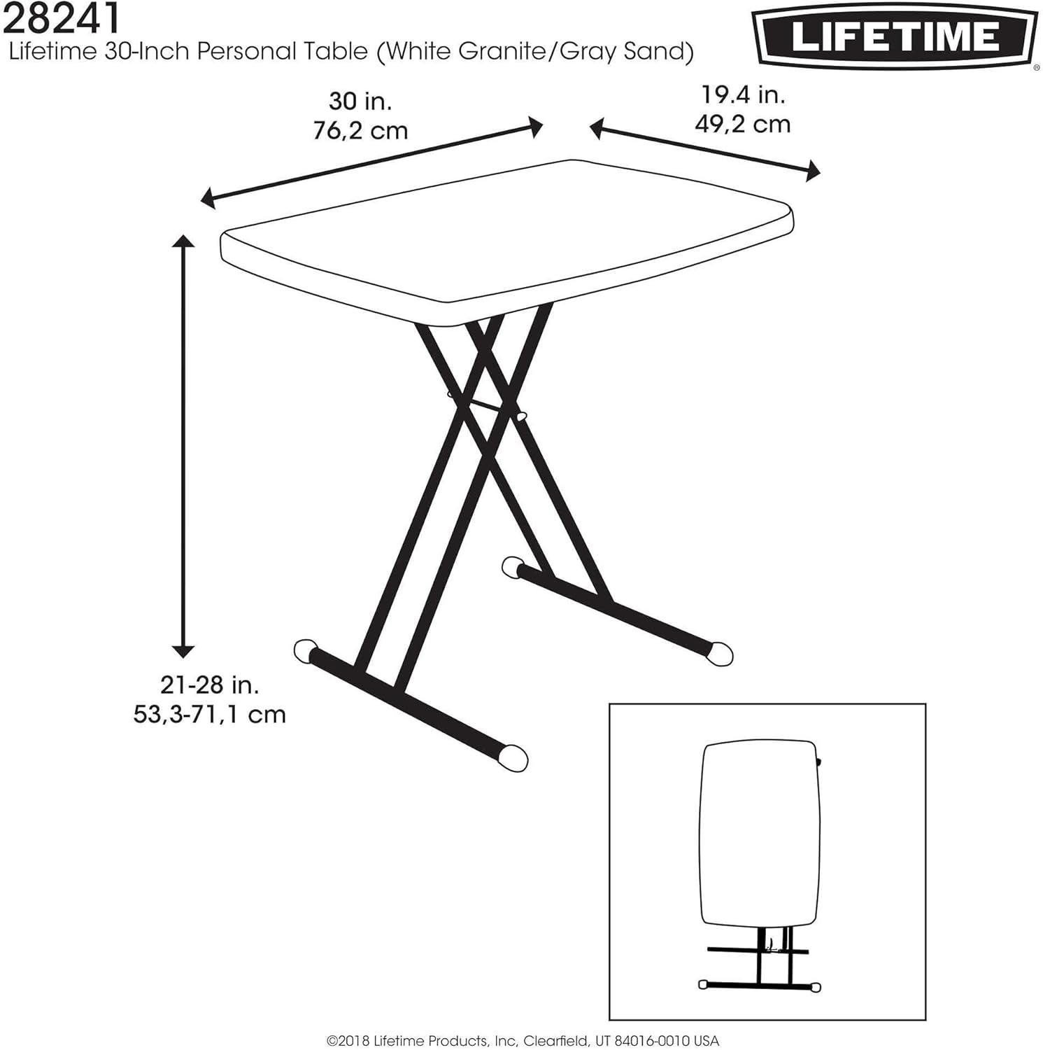 28241 Adjustable Folding Laptop Table TV Tray, 30 Inch, White Granite