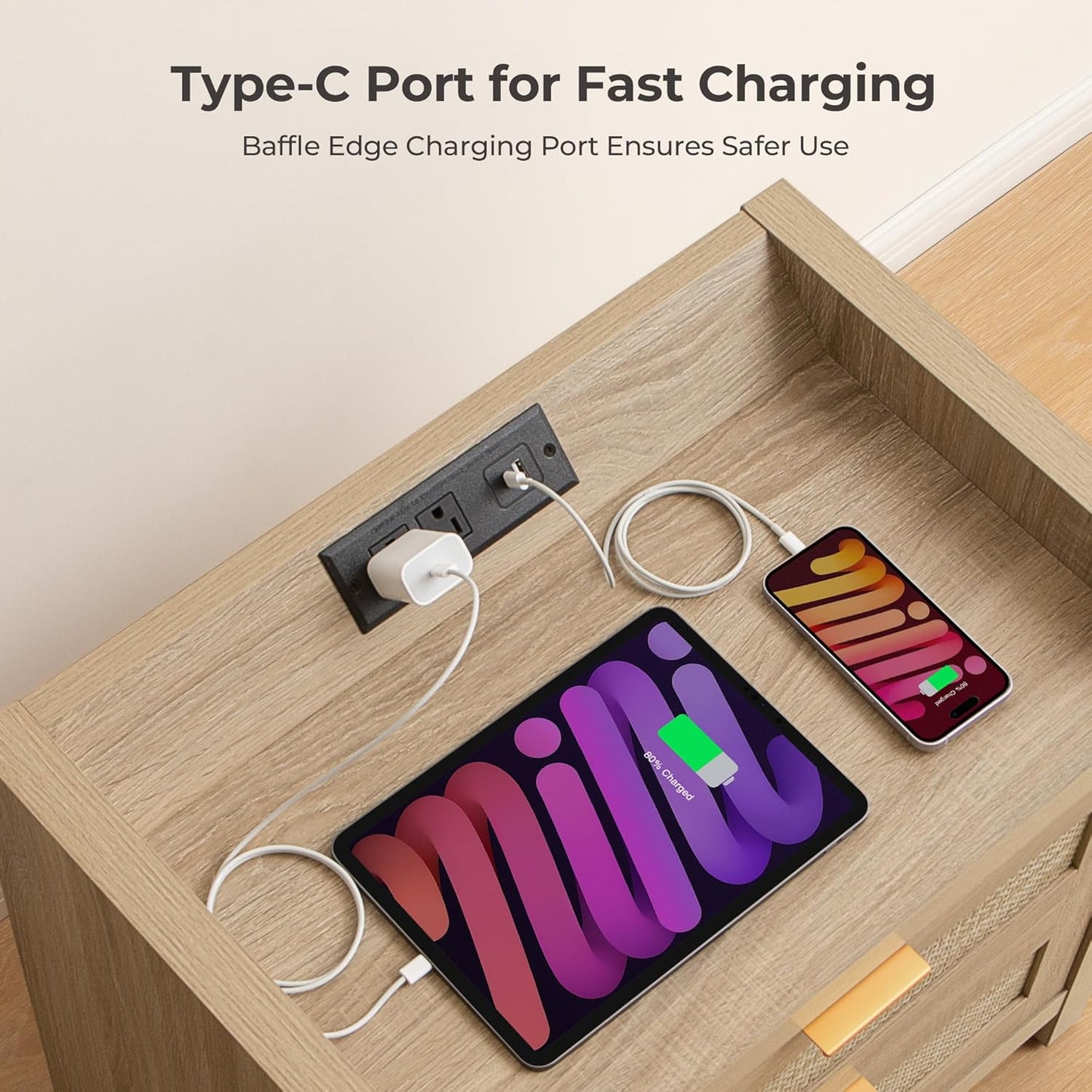 Rattan Nightstands Set of 2 Bedside Table - Bedroom Night Stand with Type-C Charging Station, 2 Drawers Storage - Boho Night Stands End Table for Bedroom Office - Light Oak