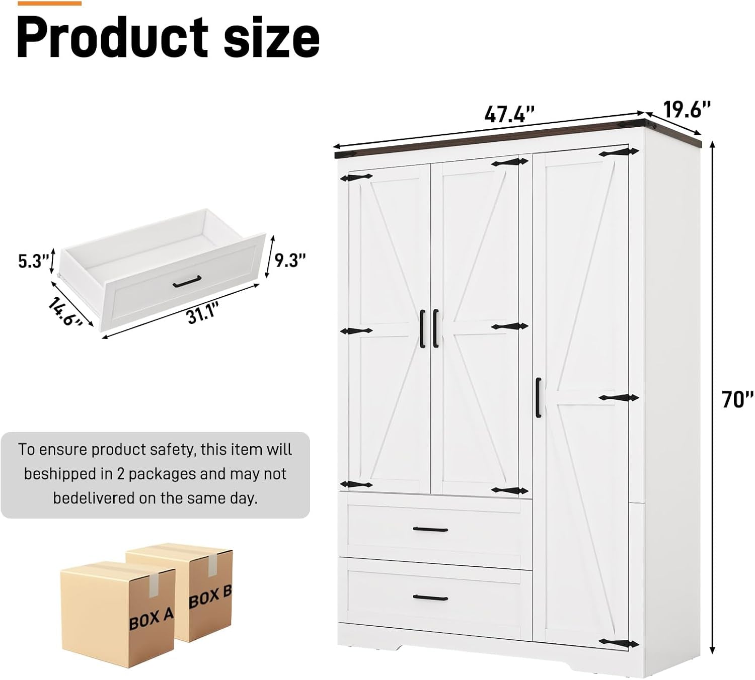 Farmhouse Wardrobe Armoire Closet with 3 Doors and 2 Drawers, 70.1" Wooden Clothing Storage Cabinet, Freestanding Large Capacity Storage Wardrobe Armoire with Hanging Rod for Bedroom, White