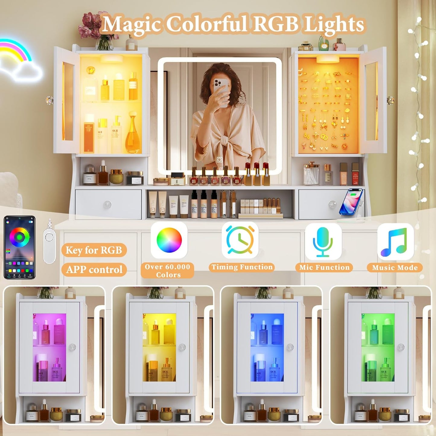 Vanity Desk with Mirror & Lights, 42‘’ Large Makeup Vanity with 2 RGB Jewelry Cabinets & 7 Drawers, White Vanity Table Set with Charging Station, Dressing Table with Lights Desk, 3 Light Modes