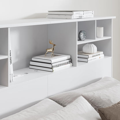 White wood bookcase headboard with charging station and LED lights, view 7