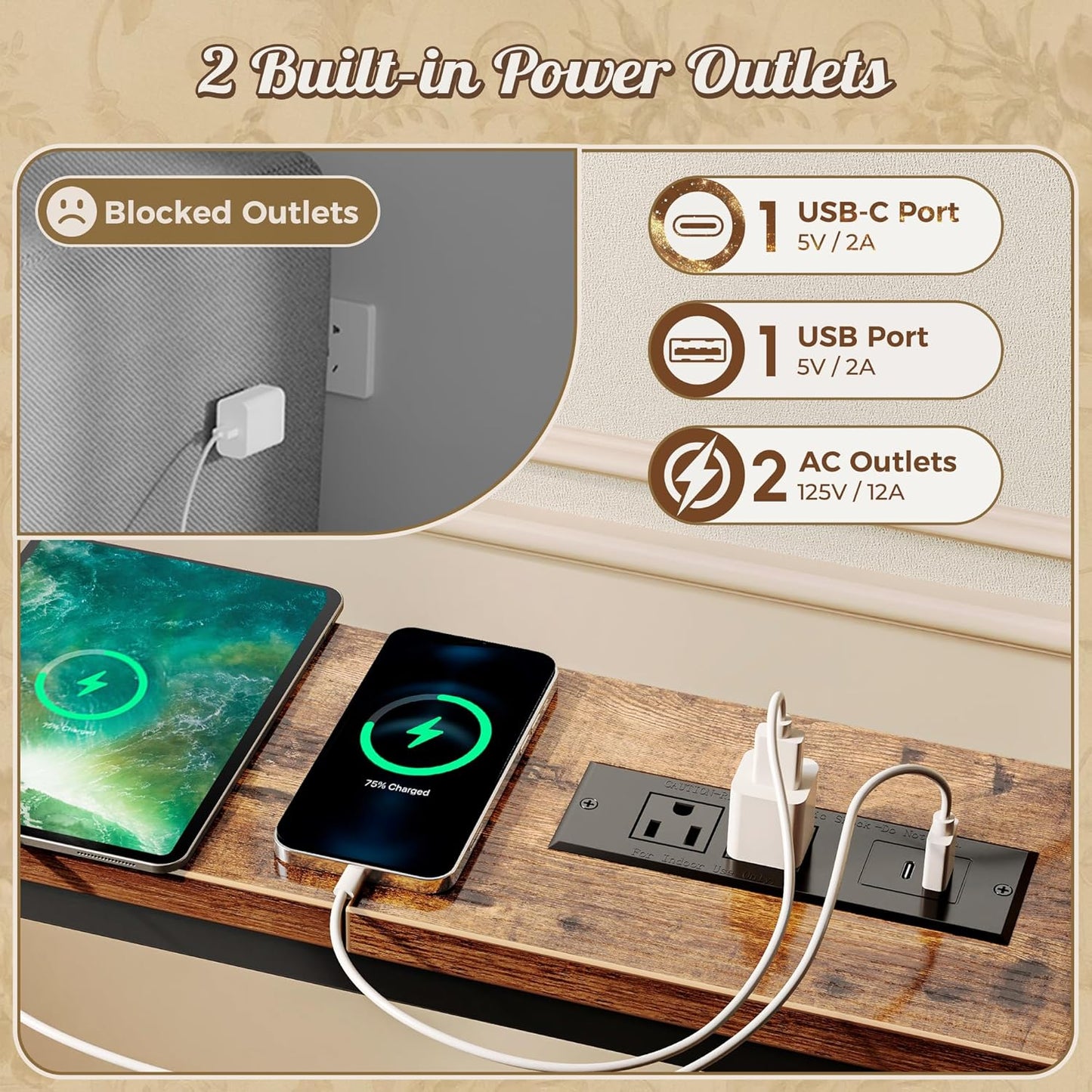 Narrow Sofa Table with 2 Power Outlets, 86.6-110.2 Inch Adjustable Length, behind the Couch Table with USB-C Port, Long Entryway Console Table, Anti-Tip Kit, for Living Room, Rustic Brown