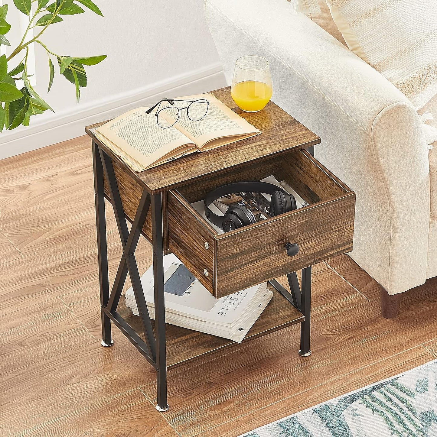 Nightstands Set of 2, Modern Bedside End Tables, Night Stands with Drawer and Storage Shelf for Living Room Bedroom, Industrial Metal Frame
