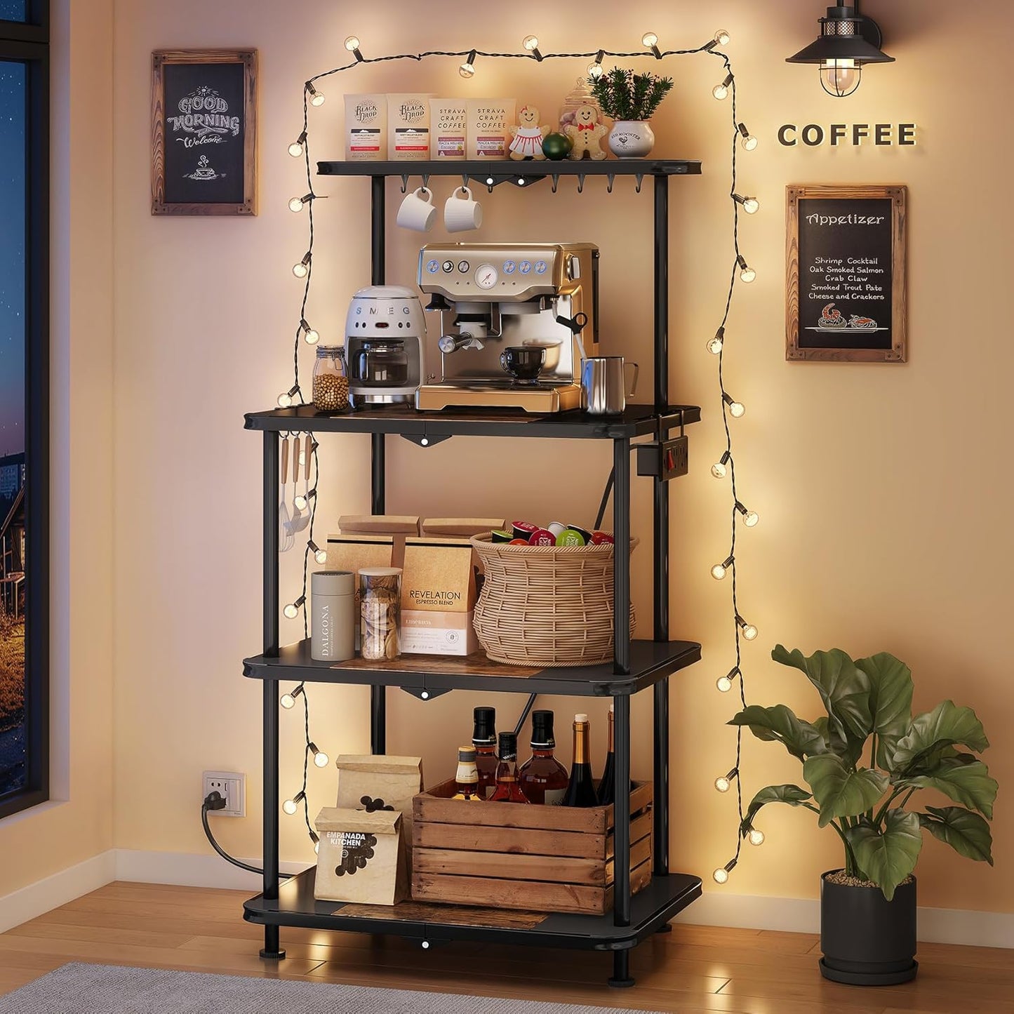 Kitchen Bakers Rack with Power Outlet - Easy & Tool-Free Assembly, Adjustable Coffee Bar Station 4 Tiers, Microwave Stand with 12 Hooks, Brown