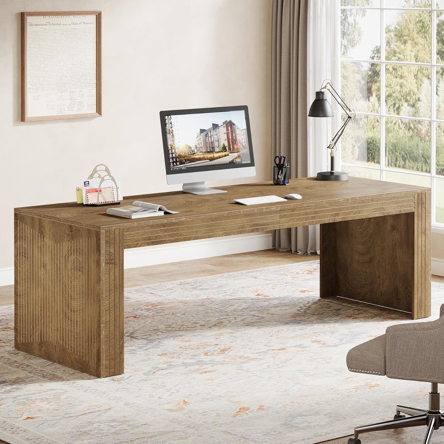 79-Inch Extra Long Desk, Two Person Double Desk for Home Office, Wooden Long Computer Desk Writing Table for Office, Natural Oak