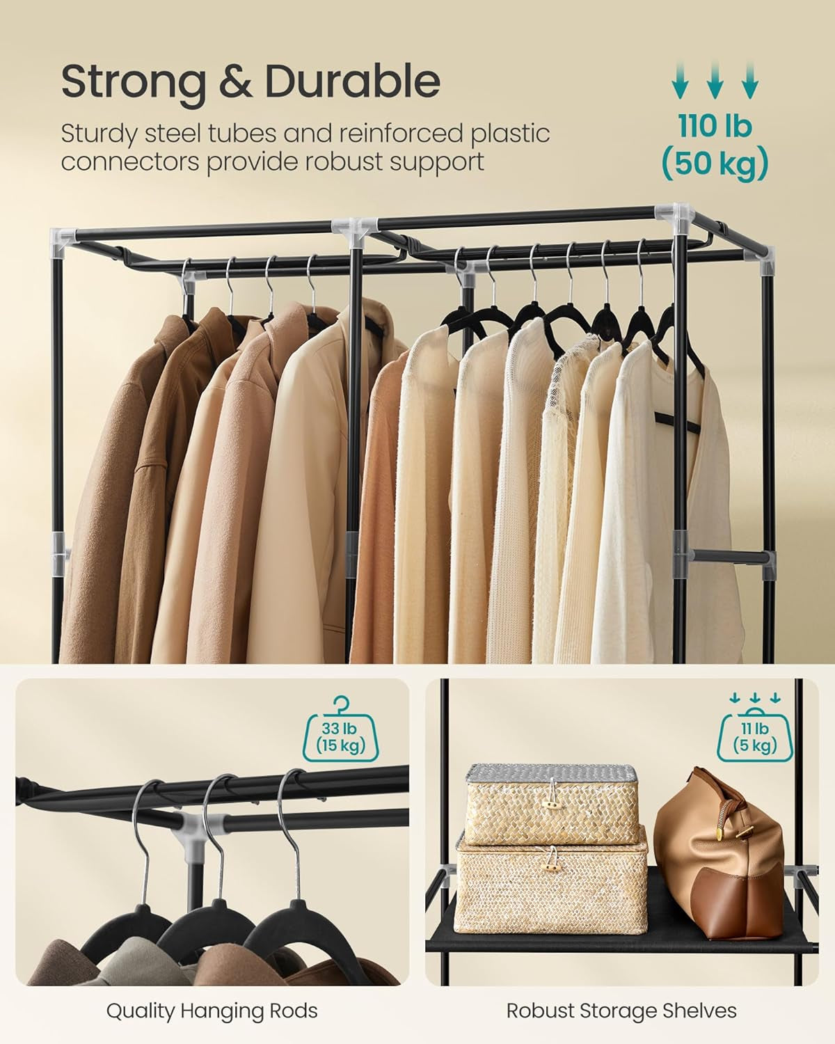 Portable Closet, Wardrobe Closet Organizer with Cover, 2 Hanging Rods and Shelves, 4 Side Pockets, 33.9 X 17.7 X 65.7 Inches, Large Capacity for Bedroom, Living Room, Ink Black URYG091B01