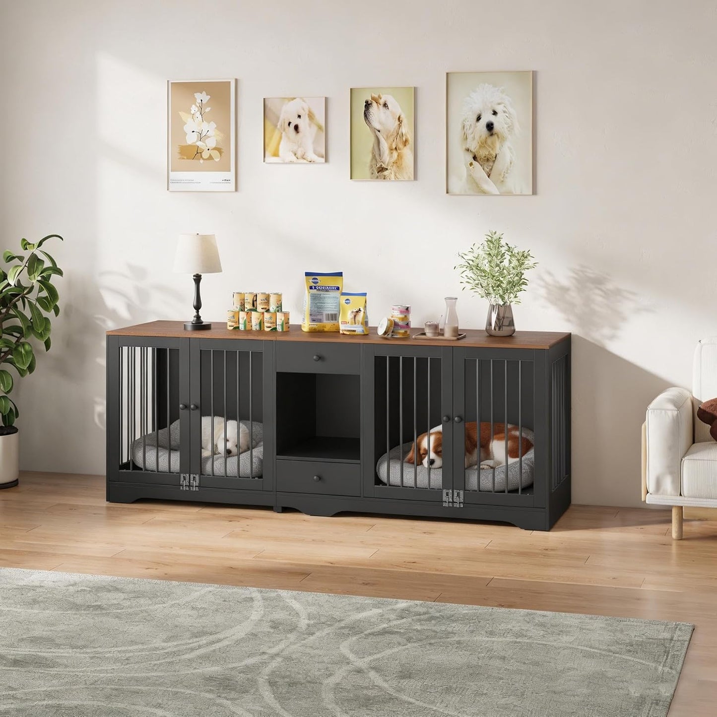 Large Dog Crate Furniture with Secure Locking Latches, 82" Wooden Dog Kennel Furniture with Double Doors, Drawers & 4 Bowls, Heavy-Duty Metal Bars Decorative Pet House for Living Room, Black