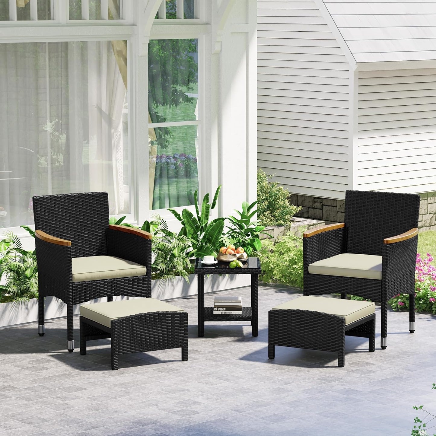 5 Piece Patio Conversation Set, Outdoor Wicker Bistro Furniture, PE Wicker Outdoor Rattan Chairs Set with Coffee Table for Porch, Poolside, Lawn, Garden, Balcony