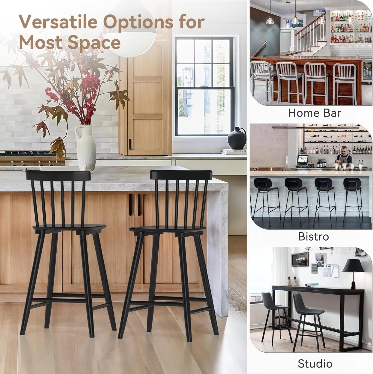 Windsor Wooden Bar Stools Set of 4 for Kitchen Island, Farmhouse 24 Inch Counter Height Stools Chairs with Spindle Back, Black