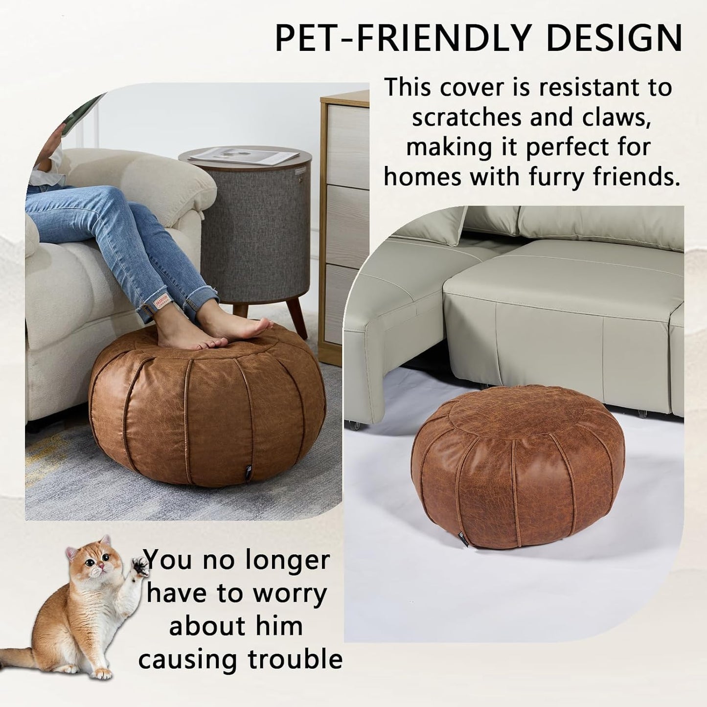 Unstuffed Moroccan Ottoman Pouf Cover, Waterproof Handmade Faux Decor Storage Solution, Footstool Pouffe Cover Replacement Balcony Indoor 21Dia Chestnut Brown, ONLY Cover