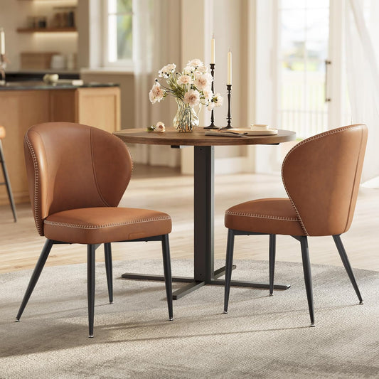 EKHO Collection - Dining Chairs Set of 2, Upholstered Kitchen Chairs, Comfortable Seat, Synthetic Leather with Stitching, Mid-Century Modern, Easy Assembly, Living Room Lounge, Caramel Brown