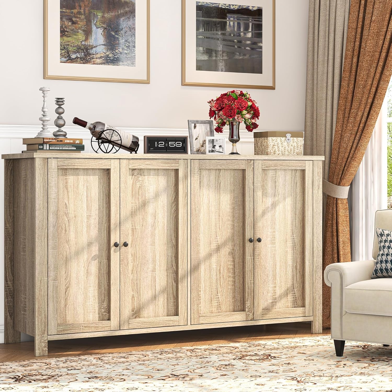 Buffet Cabinet with Storage Farmhouse Buffet Sideboard with 4 Doors, 55'' Large Kitchen Storage Cabinet Wood Coffee Bar Buffet Table for Kitchen, Dining Room, Entryway