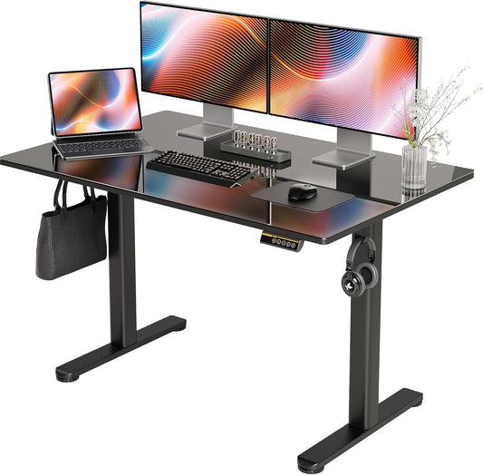 Glass Standing Desk, 48X24 Inch Electric Standing Desk Adjustable Height Quick Install Home Office Computer Desk, Black