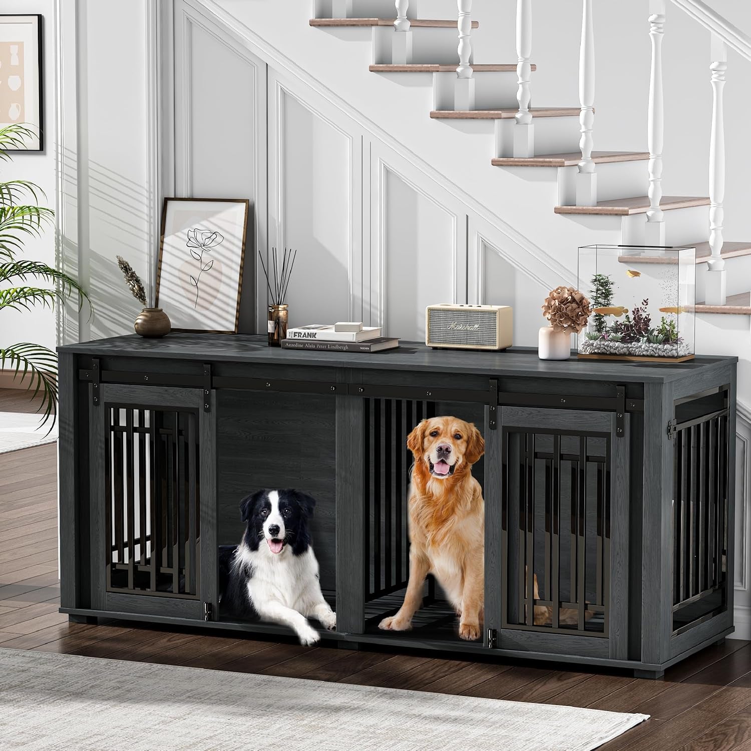 Large Dog Crate Furniture for 2 Dogs, 71.6'' Steel Frame Dog Crate with Double Doors, Heavy Sturdy Kennel for Small Medium Large Dogs, Indoor Double Dog Cage (Black)