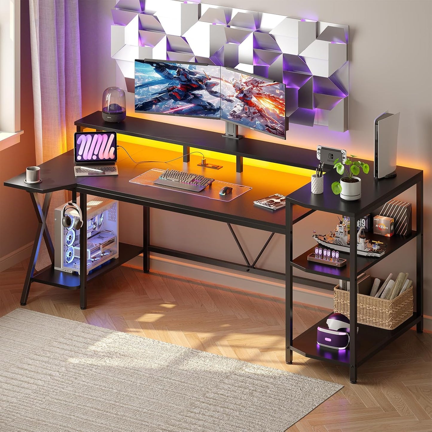 Gaming Desk 70.8'' with LED Lights and Storage Shelves, Computer Desk with Monitor Stand, Power Outlets and Cup Holder, Large PC Gamer Desk, Gaming Table for Bedroom, Living Room, Black