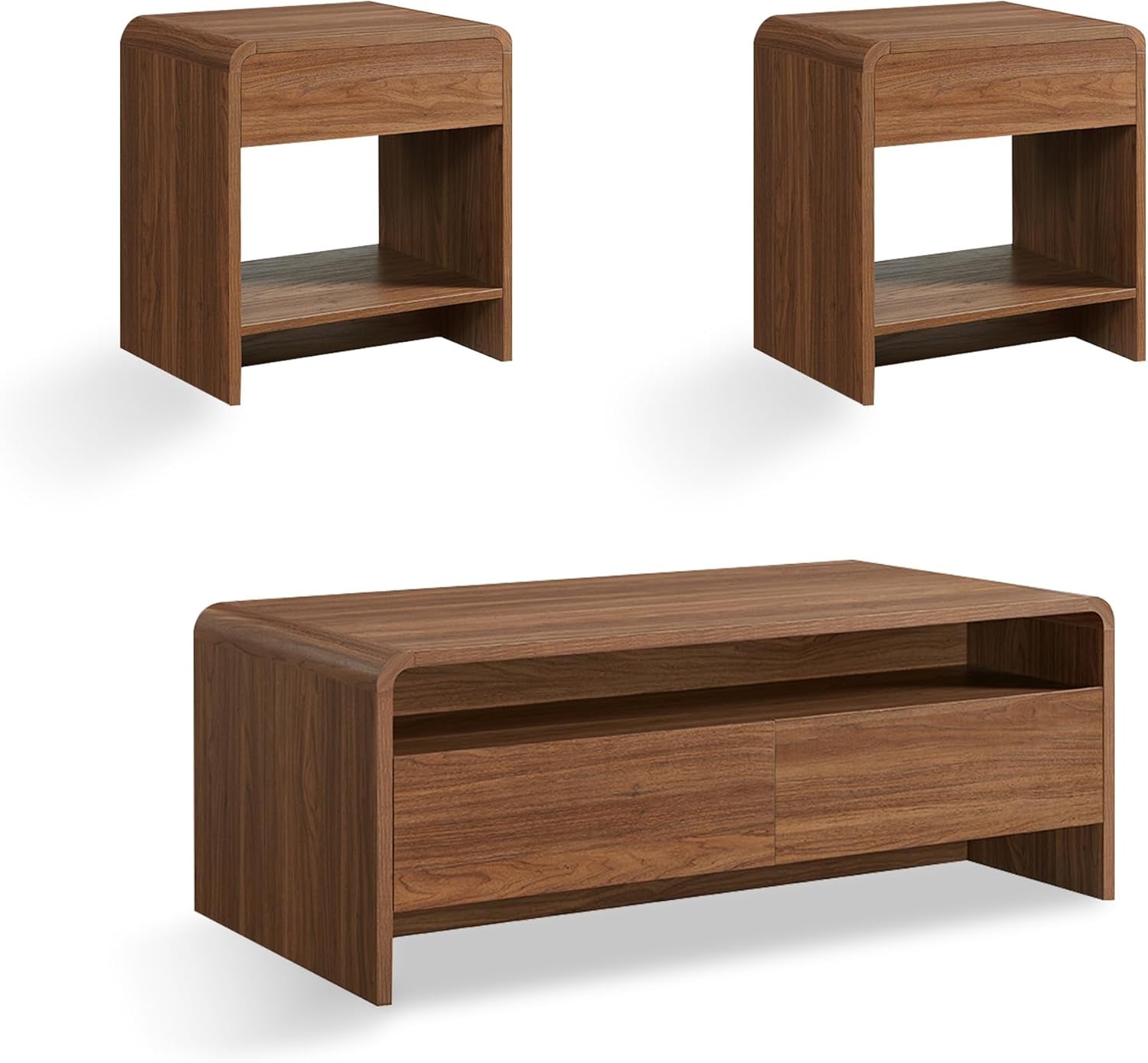 3-Piece Living Room Table Set, Includes Coffee Table & 2 End Tables, Modern Coffee Table Sets with Large Storage Drawers & Smooth Rounded Edges, Brown