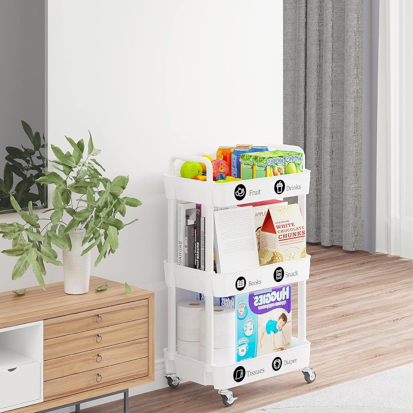 3-Tier Rolling Cart with Wheels,Multifunction Utility Storage Carts, Kitchen Storage Organizer,Mobile Shelving Unit for Bathroom,Laundry,With Classified Stickers,White