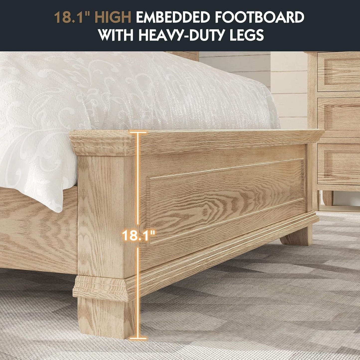 Queen Rustic Solid Wood Bed Frame with 68" Tall Headboard, Farmhouse Chenille Upholstered Panel Platform Bed Mattress Frame, Button Tufted/Antique Brass Nail Trim/No Box Spring Needed, Milk Ash