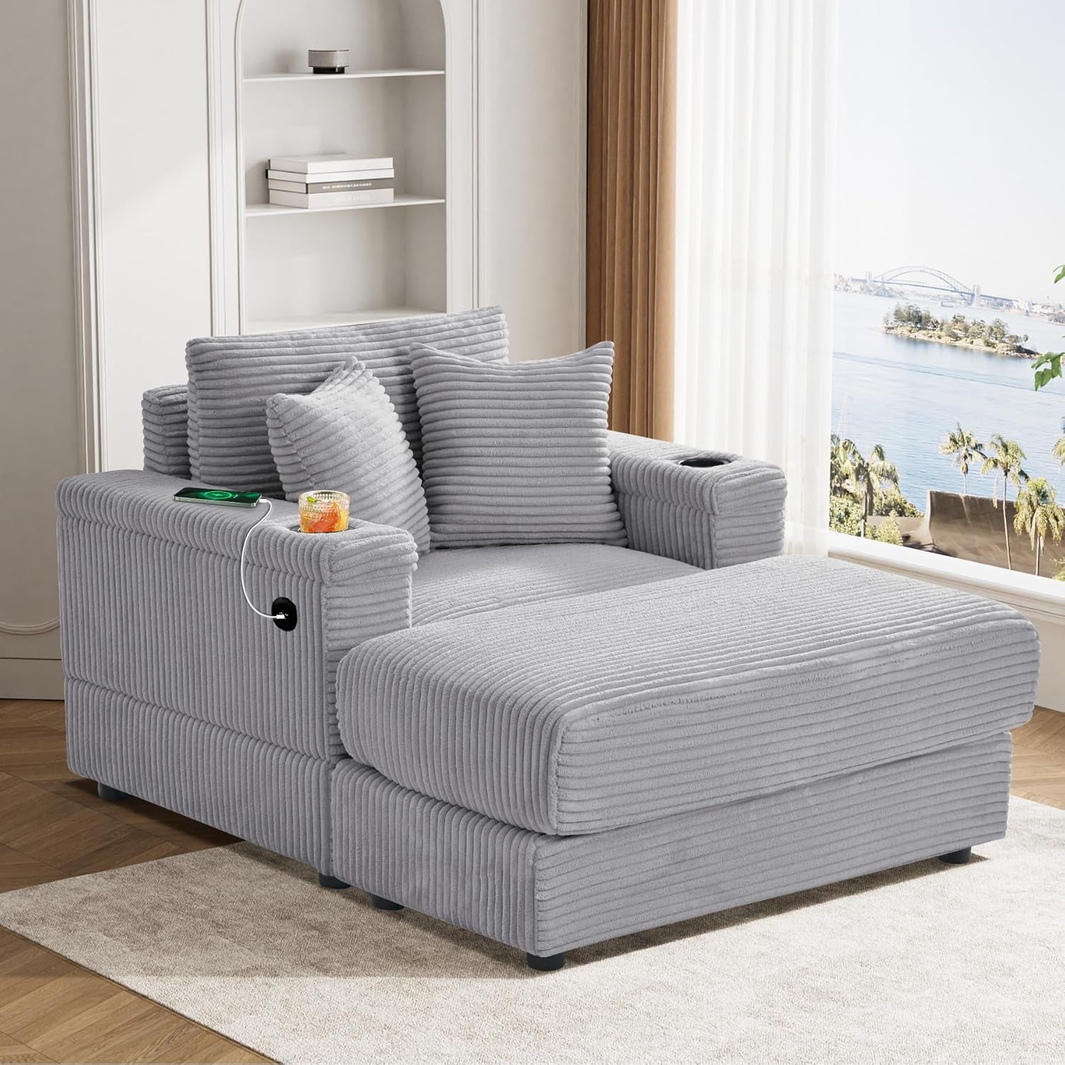 Oversized Chaise Lounge Chair Indoor with USB, Cup Holder & Ottoman, Firm Solid Wood Frame with Long Service Life Corduroy Oversized Lounge Reading Chair for Study Room - Grey