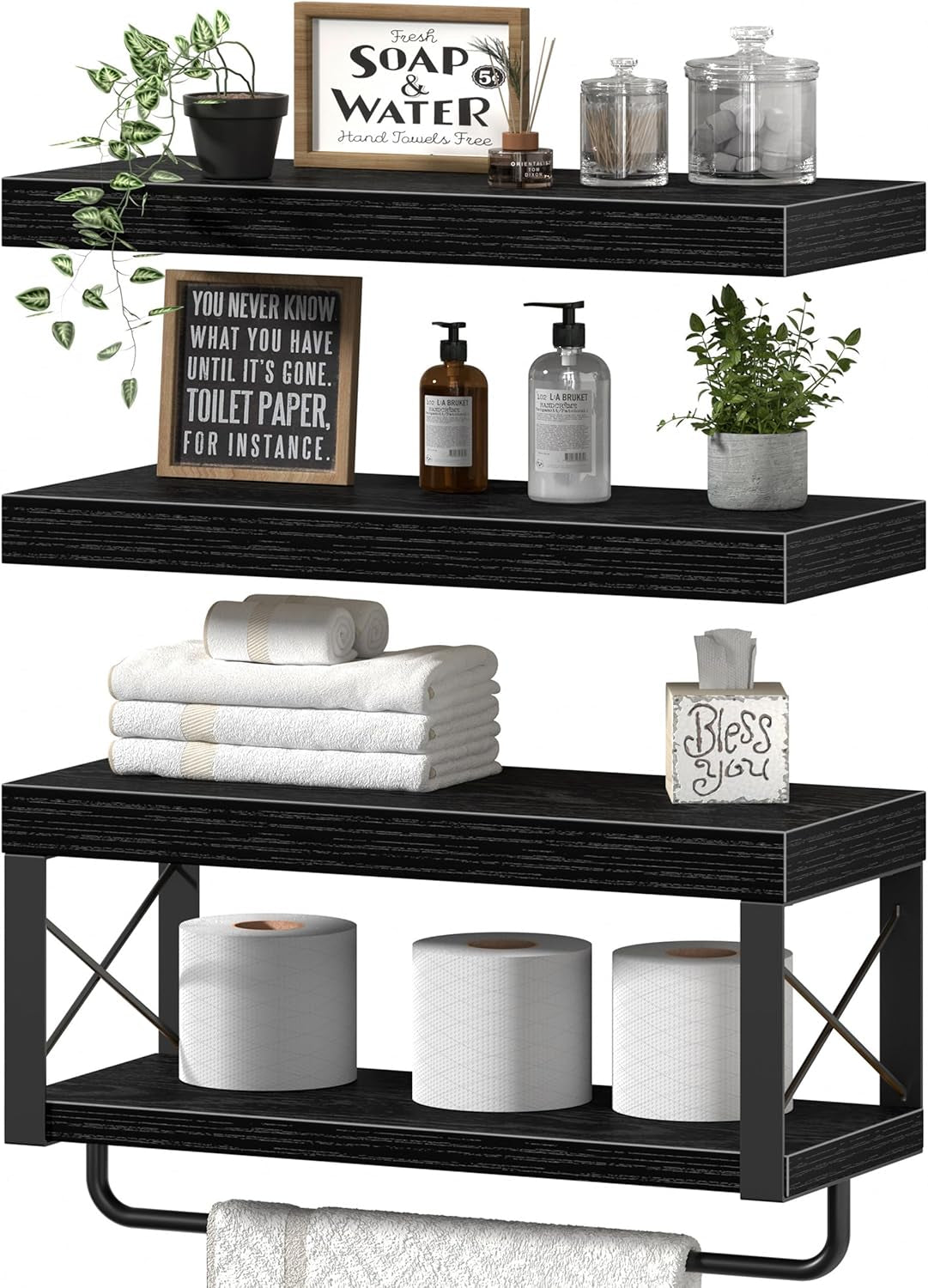 Bathroom Shelves over Toilet - Floating Shelf for Wall Toilet Paper Storage Farmhouse 16 Inch Set of 3, Black (029-40B3)