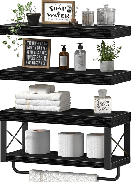 Bathroom Shelves over Toilet - Floating Shelf for Wall Toilet Paper Storage Farmhouse 16 Inch Set of 3, Black (029-40B3)