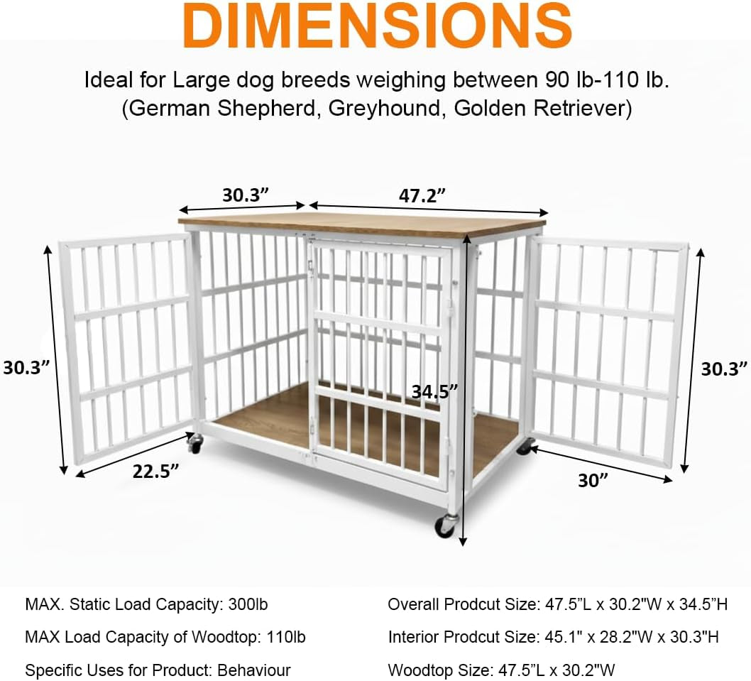 48 Inch Dog Crate Furniture, Heavy Duty Dog Kennel Indoor for Large Dogs, Escape-Proof and Chew-Proof Wooden Dog Cage for High Anxiety Dog, Decorate House as TV Stand, End Table, White
