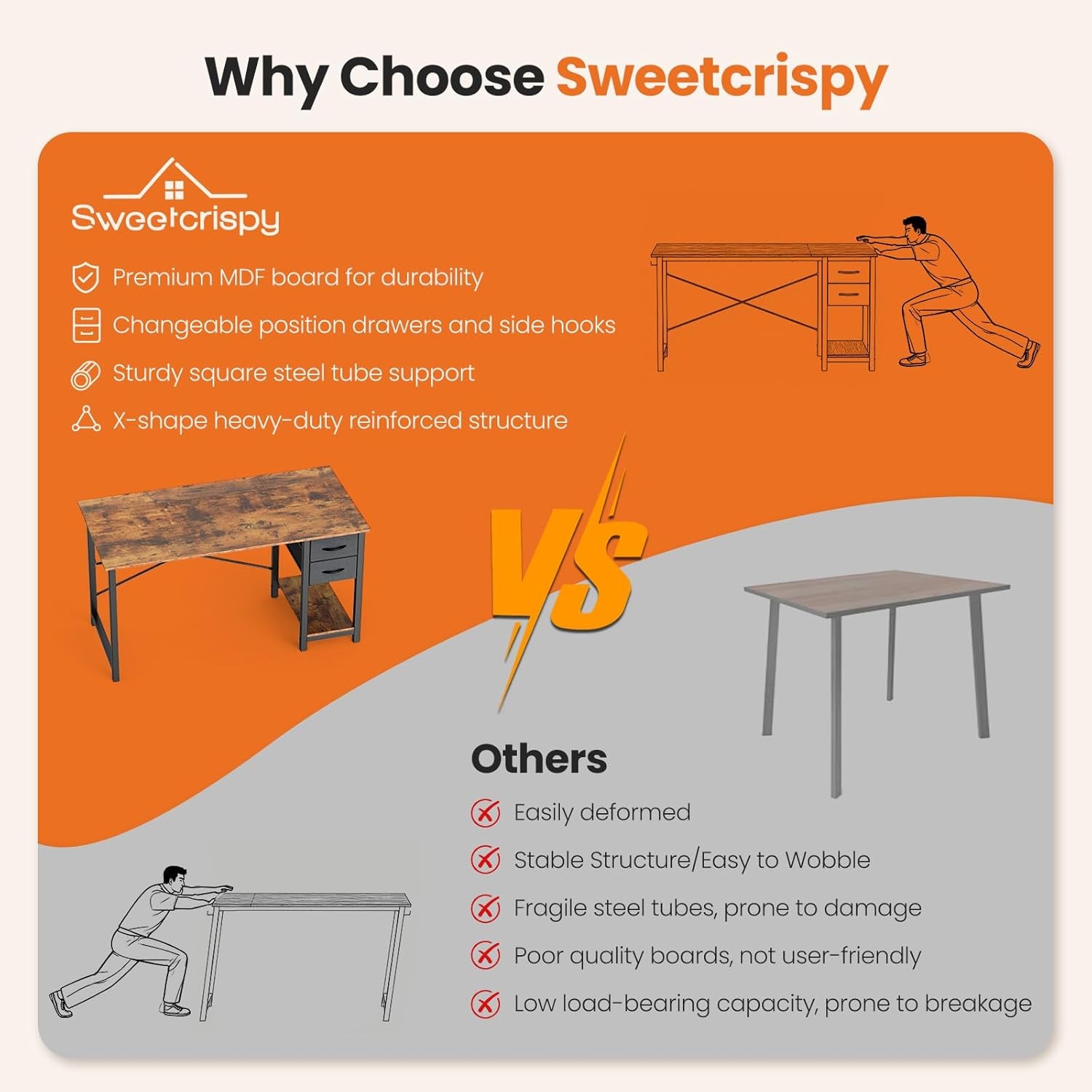 40 Inch Computer Desk with Drawers for Home Office, Writing Desk with X-Shaped Reinforcement, Wood Table with Adjustable Position Drawers, Modern Study Work Table with Side Hook, Rust