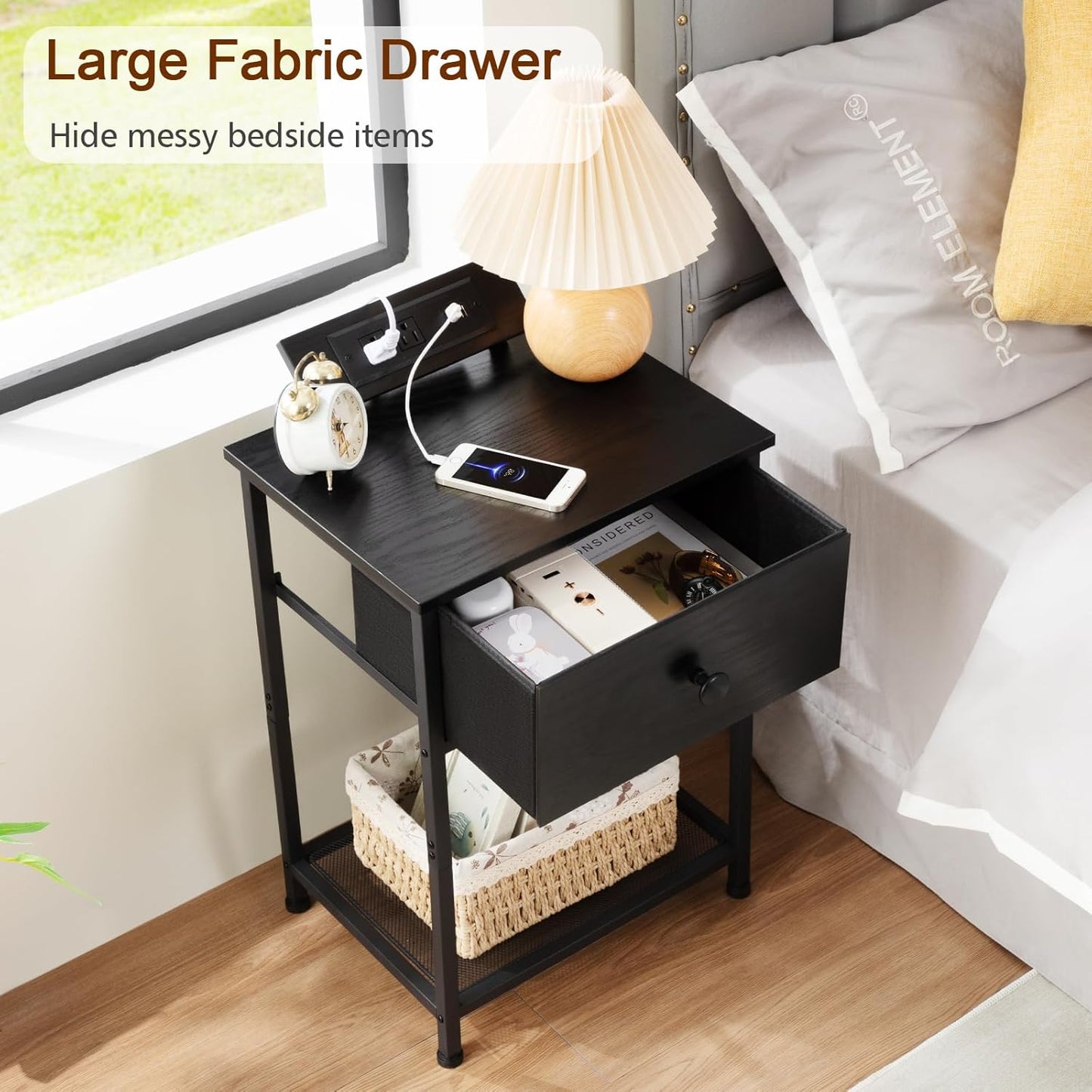 Night Stand, Black Nightstand Set of 2, Small End Tables Living Room with Charging Station, Slim Bed Side Table with Fabric Storage Drawer for Bedroom, Small Space, HET03SDPBK