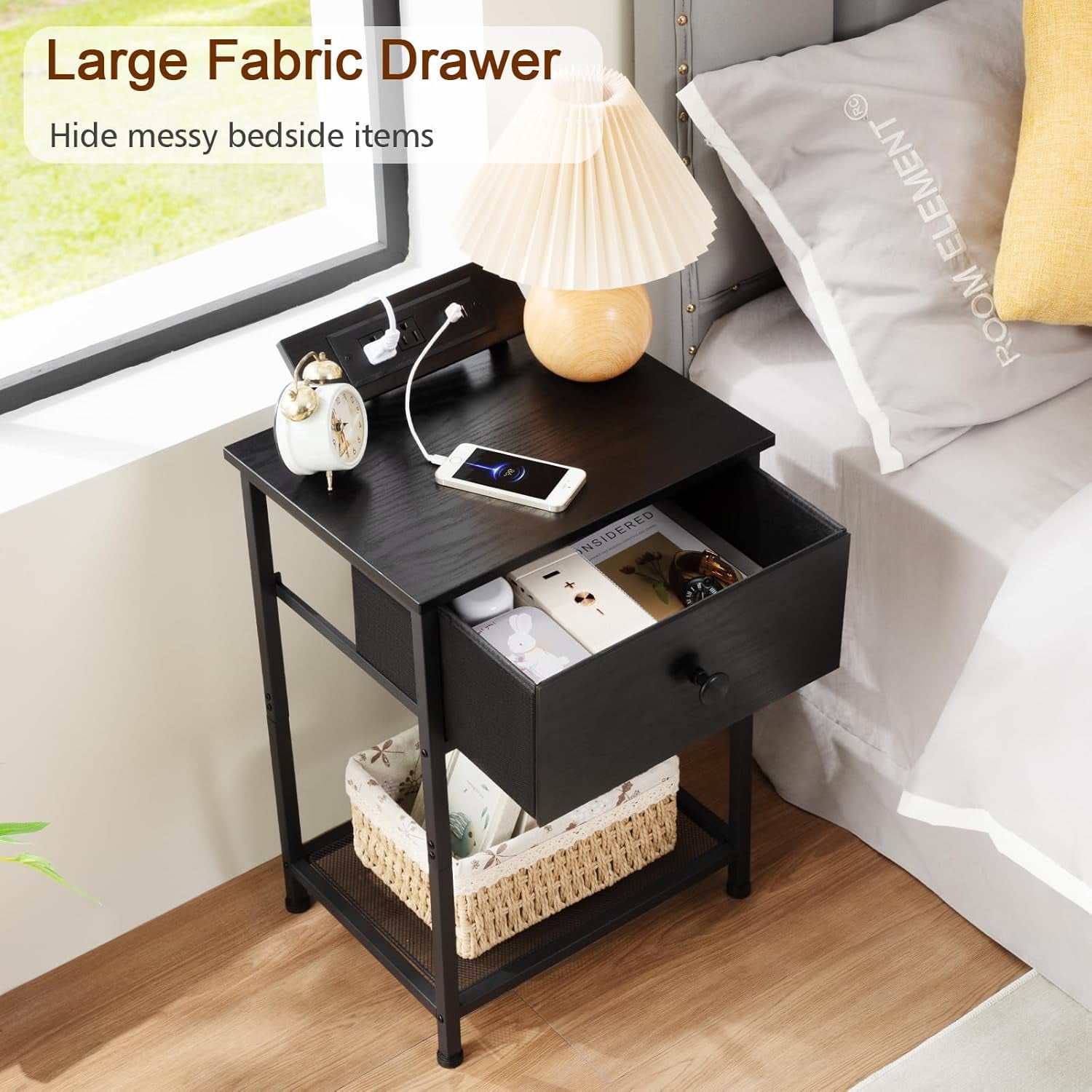 Night Stand, Black Nightstand Set of 2, Small End Tables Living Room with Charging Station, Slim Bed Side Table with Fabric Storage Drawer for Bedroom, Small Space, HET03SDPBK