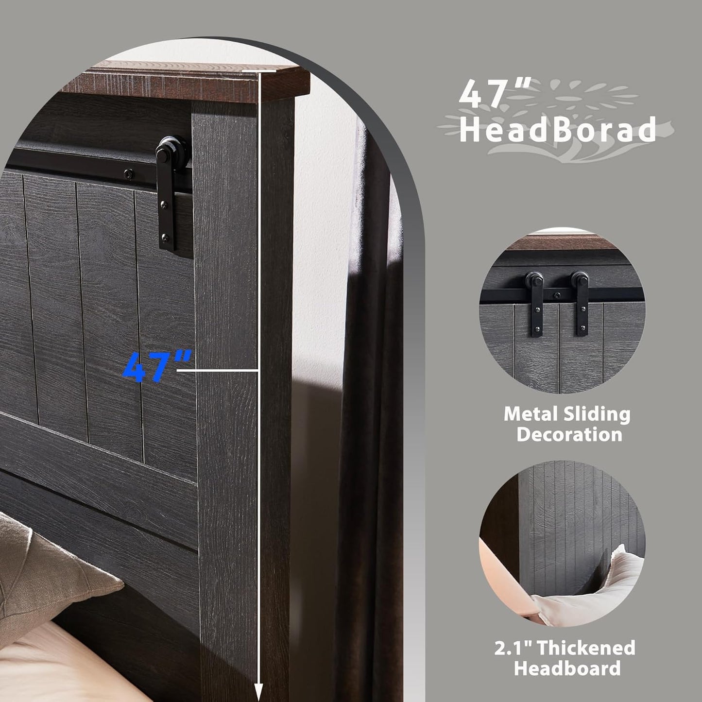 Farmhouse Queen Size Bed Frame with 47" Headboard, Wood Bed Frame with Groove Sliding Barn Door Footboard, Platform Bed with Wood Slats Support, No Box Spring Needed (Dark Grey)