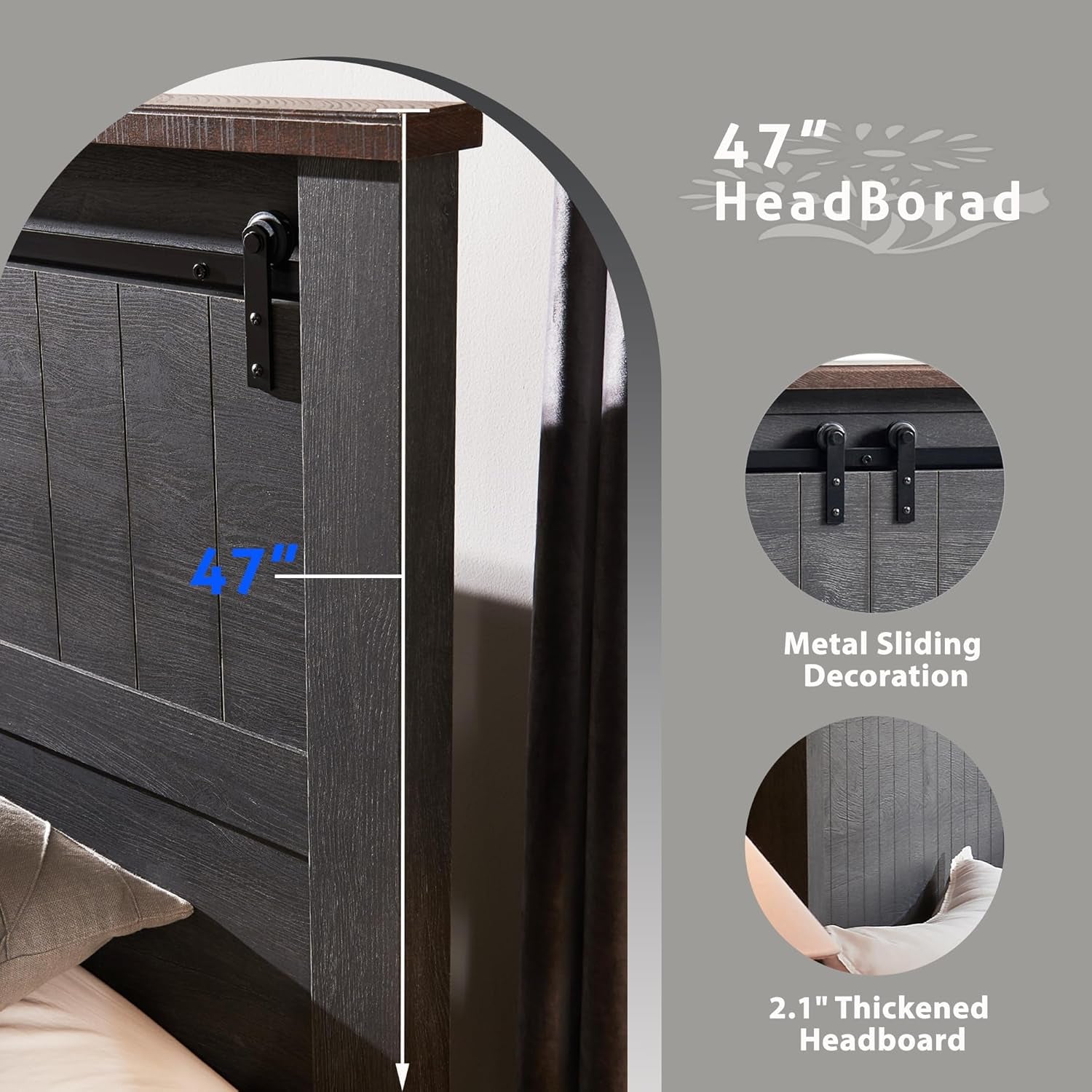 Farmhouse Queen Size Bed Frame with 47" Headboard, Wood Bed Frame with Groove Sliding Barn Door Footboard, Platform Bed with Wood Slats Support, No Box Spring Needed (Dark Grey)