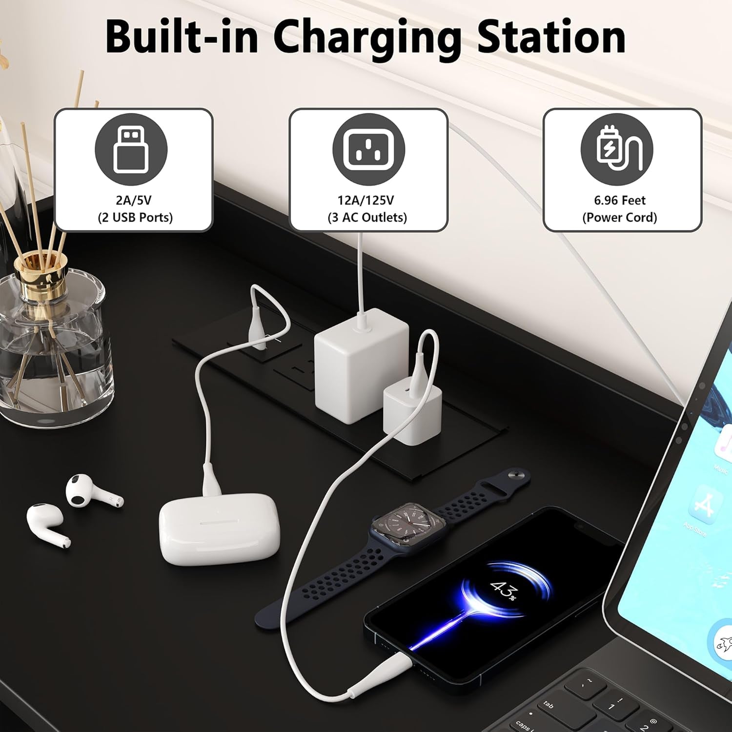 6 Drawer Dresser with Wall Hook, LED Lights & Power Outlet, Simply Chest of Drawers & Open Storage Shelves, Modern TV Stand Console Table Cabinet for Bedroom, Black