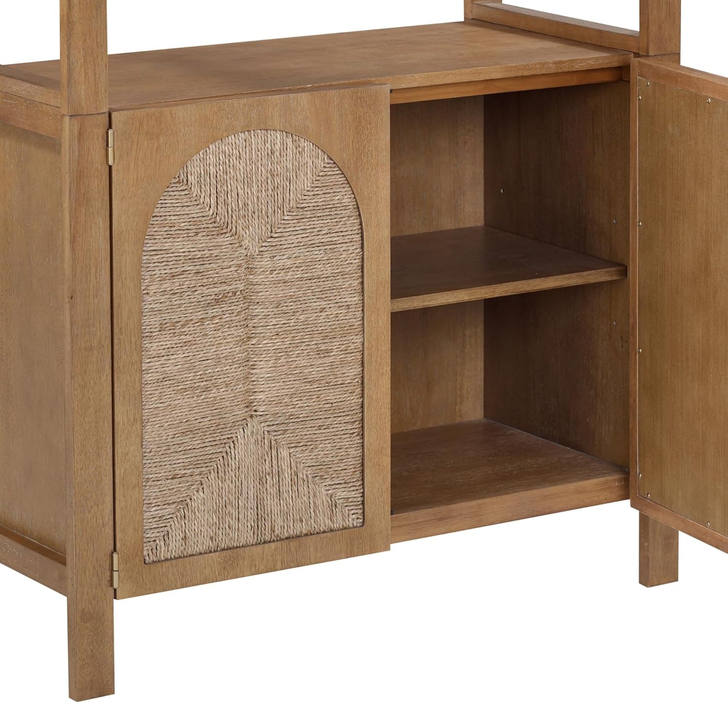 Leah Arched Bookcase, 3-Tier Bookshelf with Storage Cabinet Base, Seagrass Door Fronts and Solid Wood Frame, Light Brown