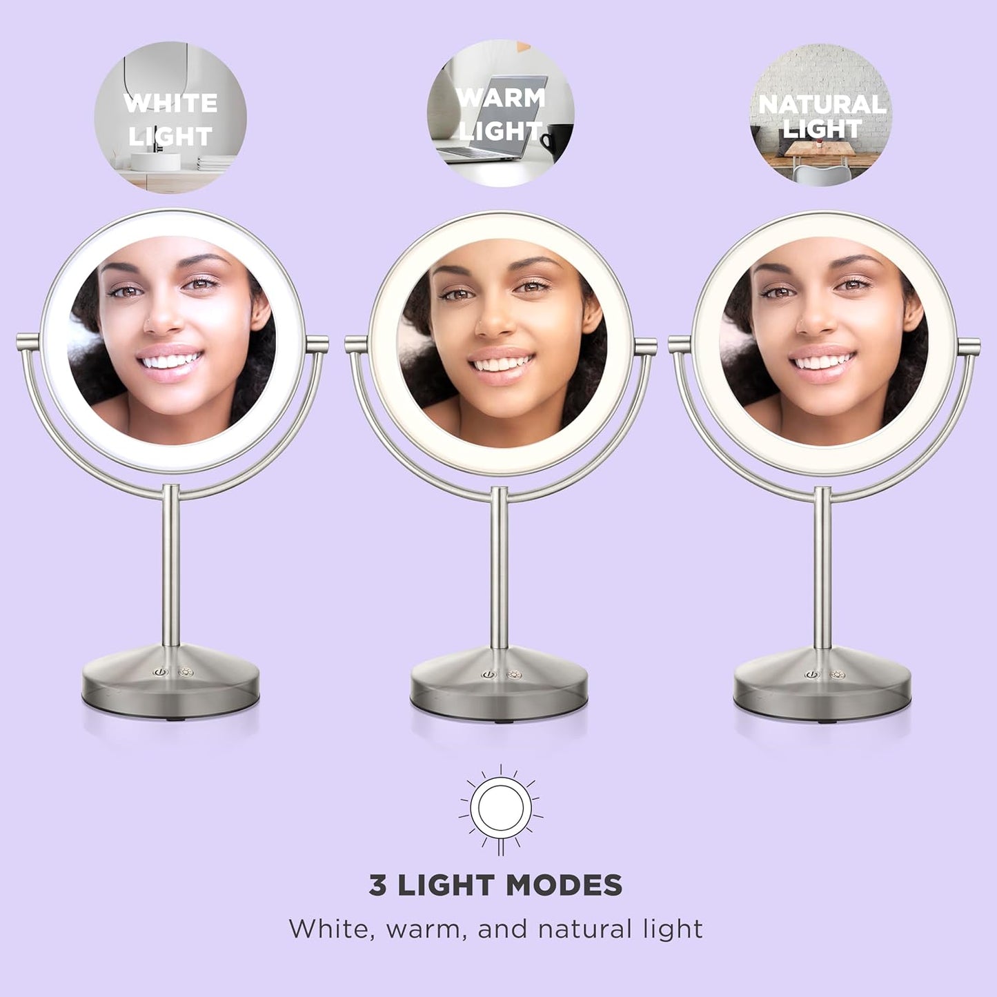 Lighted Makeup Mirror, Double-Sided LED Vanity Mirror with 1X/10X Magnification, 3 Light Settings, 3 Modes, 360° Rotation, Satin Nickel Finish