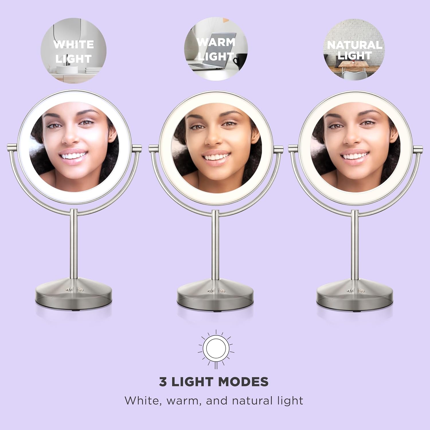 Lighted Makeup Mirror, Double-Sided LED Vanity Mirror with 1X/10X Magnification, 3 Light Settings, 3 Modes, 360° Rotation, Satin Nickel Finish