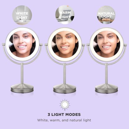 Lighted Makeup Mirror, Double-Sided LED Vanity Mirror with 1X/10X Magnification, 3 Light Settings, 3 Modes, 360° Rotation, Satin Nickel Finish