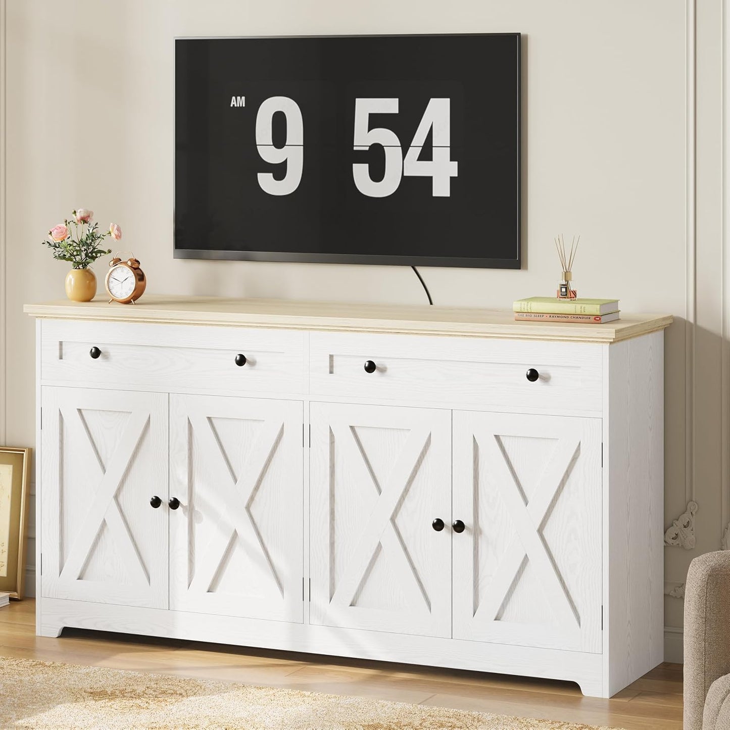 Buffet Cabinet with Storage, Sideboard Storage Cabinet, Kitchen Cabinet with Drawers and Doors, Natural Wood