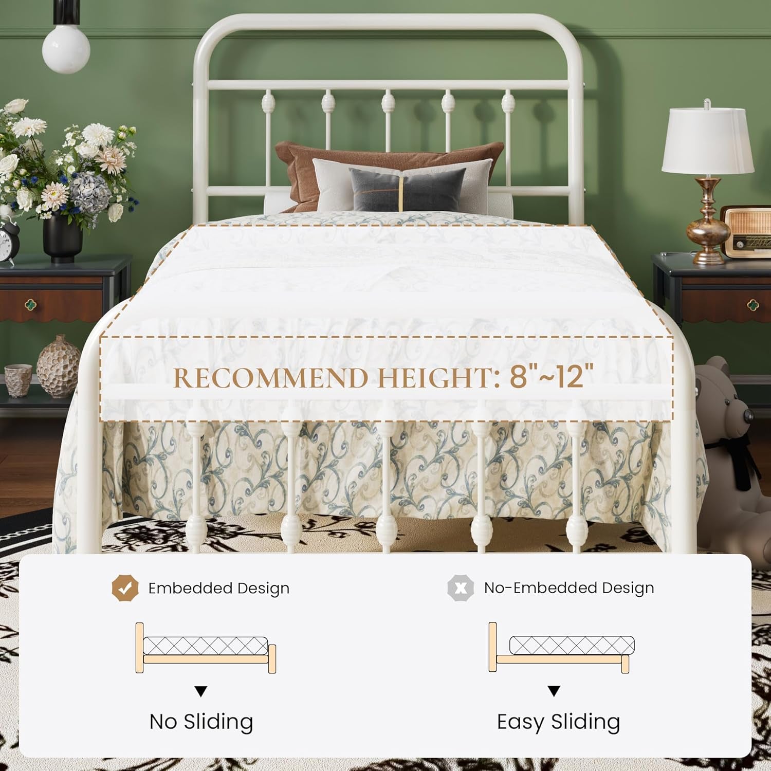 Twin Size Metal Platform Bed Frame with Victorian Style Iron-Art Headboard and Footboard, Easy Assembly, under Bed Storage, No Box Spring Required, off White