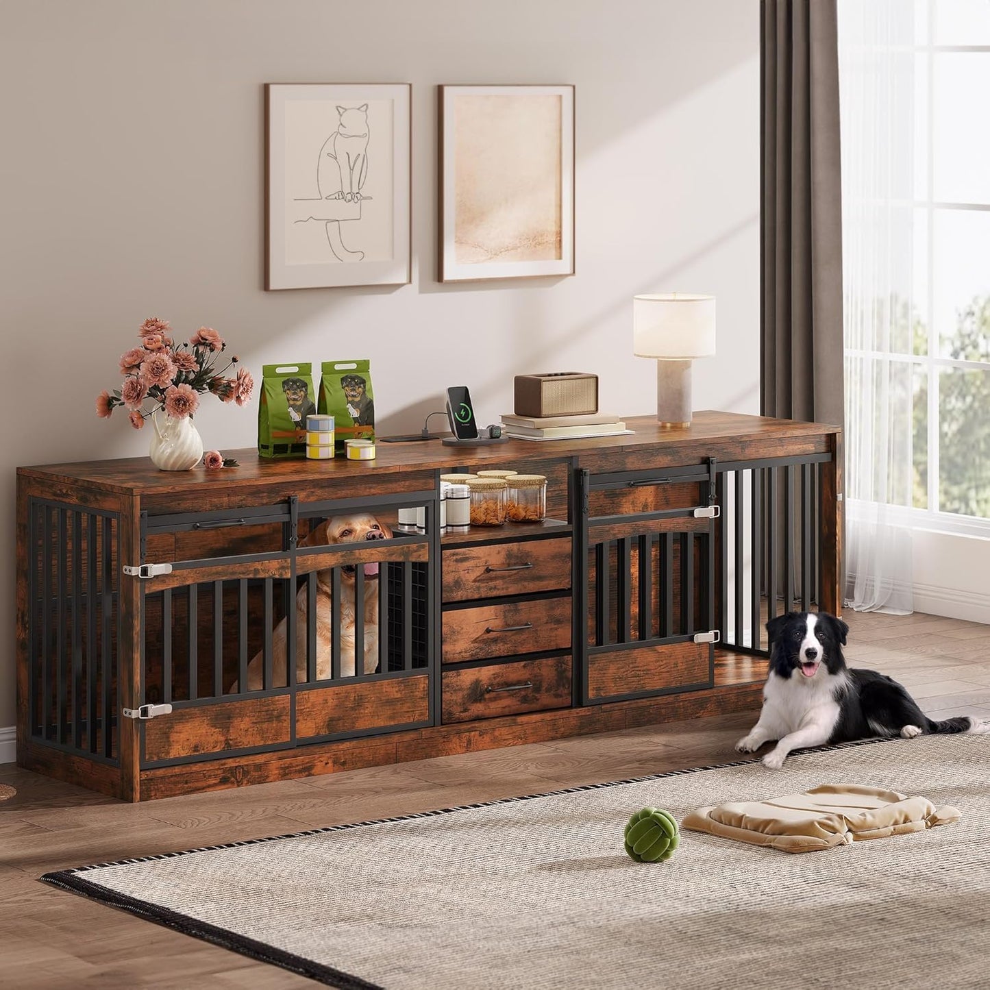 86.61" Large Double Dog Crate Furniture with Storage Drawers Farmhouse Dog Kennel TV Stand Indoor for 2 Large Medium Dogs Decorative Dog Cage with Sliding Door Power Outlets Brown