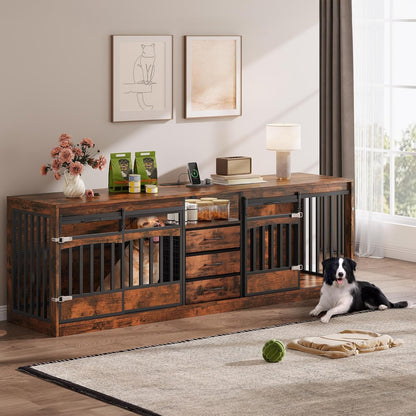 68.8" Large Dog Crate Furniture with 3 Storage Drawers & 1 Shelf Farmhouse Dog Kennel TV Stand Side Table Indoor for Large Dogs Decorative Dog Cage with Sliding Barn Door & Power Outlet Brown