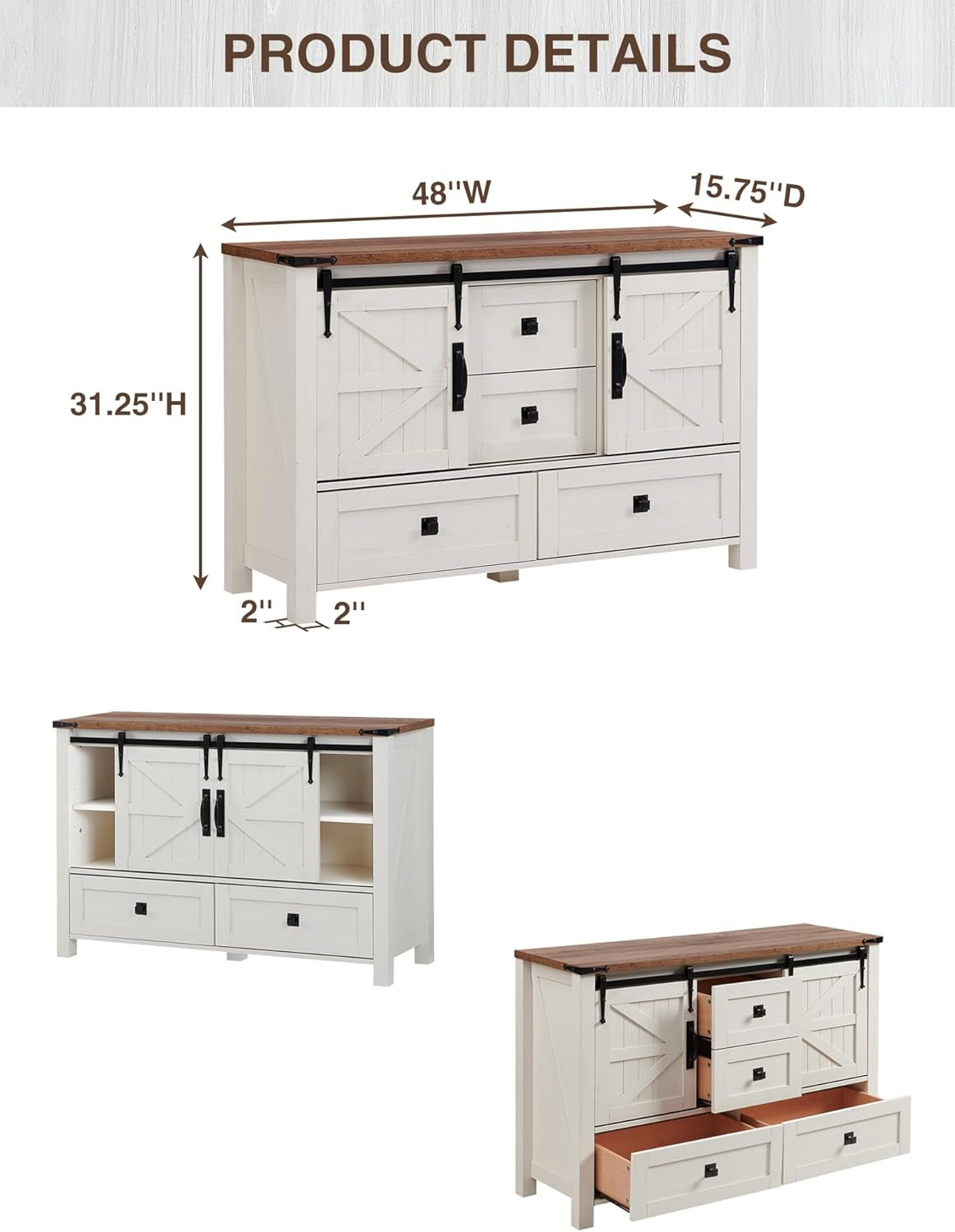 Farmhouse Dresser for Bedroom W/4 Drawers & Sliding Barn Doors, 48'' Wide Chest of Drawers, Rustic Dresser TV Stand W/Shelf, Organizer for Bedroom, Living Room, Entryway, Antique White